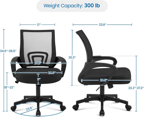 Vista 3 de Yaheetech Silla de oficina con respaldo medio, silla de escritorio giratoria con soporte lumbar, silla de malla ergonómica para computadora de Negro