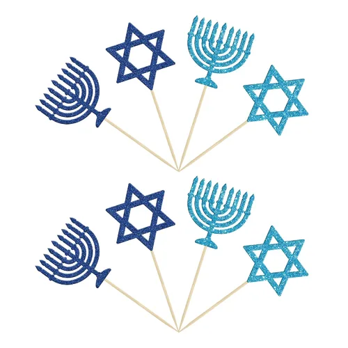 Vista 7 de Gyufise 24 decoraciones para cupcakes de Feliz Hanukkah Star of David, decoraciones para fiestas de Hanukkah, suministros de fiesta temática