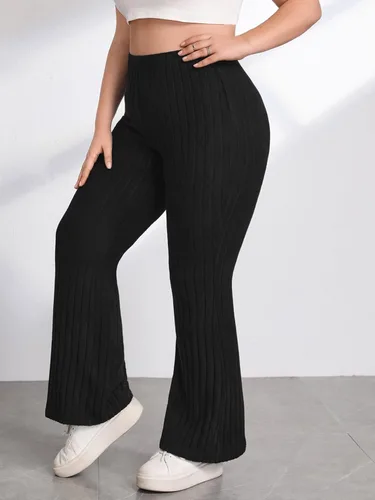 Vista 3 de OYOANGLE Pantalones de yoga acampanados de punto acanalado para mujer, talla grande, pantalones casuales