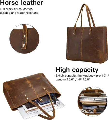 Vista 3 de Bolso de hombro de cuero completo para mujer, bolso grande de trabajo para hombres y mujeres, bolso de hombro de negocios, bolso vintage marrón