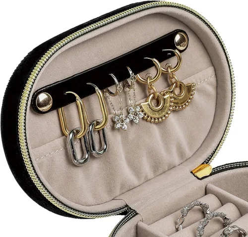 Vista 6 de Changsuo Joyero de terciopelo de felpa para viajes, pequeño joyero para mujeres, organizador de viaje de joyería (ébano)
