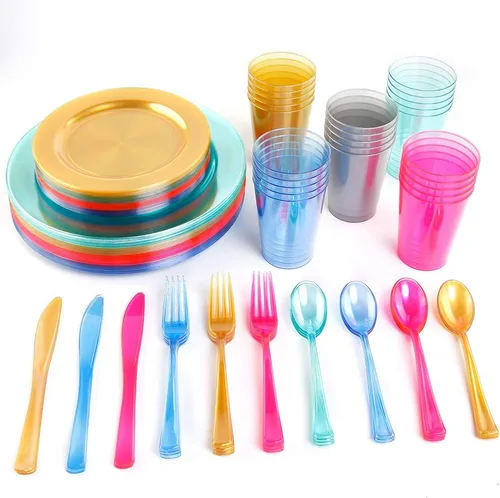 Vista 3 de WDF 25 platos azules para invitados con cubiertos desechables y vasos azules, vajilla de plástico transparente neón incluye 25 platos de cena
