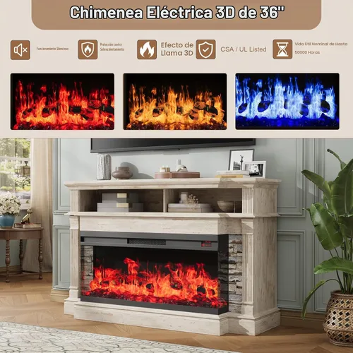 Vista 6 de Soporte de TV con chimenea para televisores de hasta 65", centro de entretenimiento con chimenea de 52" estilo rústico con chimenea eléctrica