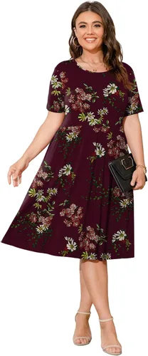 Vista 2 de POSESHE Vestido de verano para mujer, talla grande, 2023, casual, manga corta, cintura imperio, ajuste holgado, vestido de camiseta con bolsillos