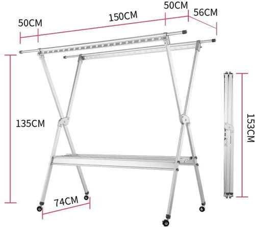 Vista 2 de UNNS Perchero plegable de acero inoxidable plegable telescópico para ropa, barra de ropa de doble barra para ropa, perchero de aleación de aluminio