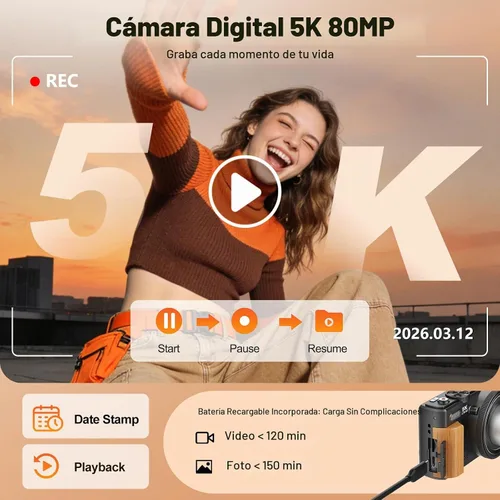 Vista 9 de Cámara digital 5K para fotografía, cámara de vlogging de 80MP para YouTube Negro