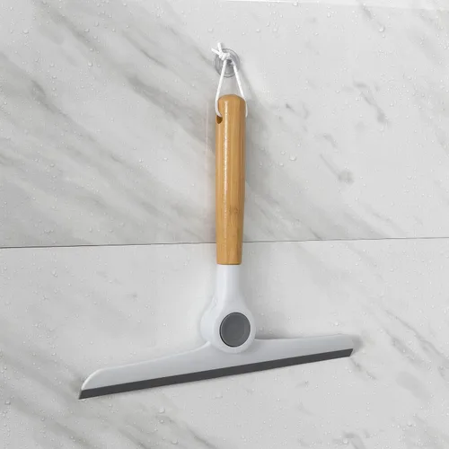 Vista 2 de Zadro Escobilla plegable multiusos con mango de bambú y lazo de silicona para colgar (9.5 pulgadas de ancho, bambú/blanco/gris)