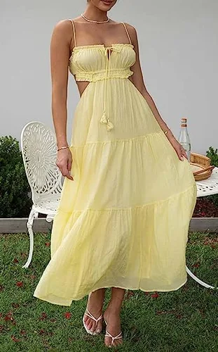 Vista 2 de Vestido sexy de corte bajo con tirantes delgados para mujer, vestido largo sin mangas, sin espalda, vestido largo para salir, fiesta, club