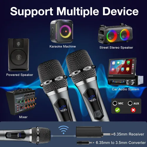 Vista 4 de Micrófono inalámbrico, sistema profesional de micrófono dinámico inalámbrico de mano dual con receptor recargable, juego de micrófono de karaoke