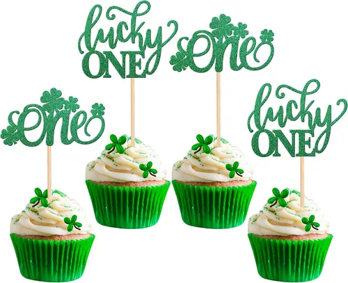 Vista 9 de 24 piezas de adornos para cupcakes del día de San Patricio, trébol con purpurina de tres hojas, trébol de la suerte, para cupcakes, sombrero