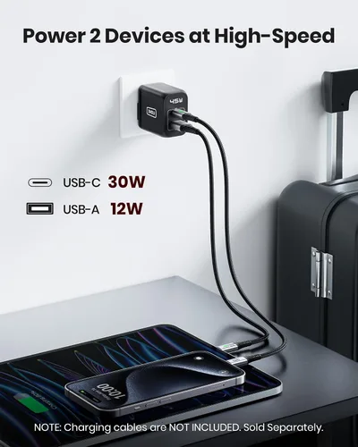 Vista 3 de Cargador USB C, INIU de 2 puertos y 45 W, cargador súper rápido tipo C, mini cargador de pared PD PPS USB C plegable de GaN Tech para Samsung Galaxy