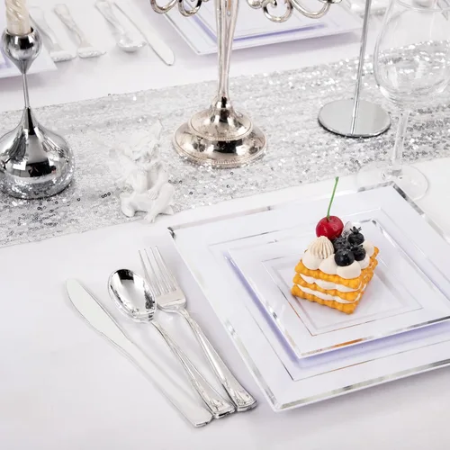 Vista 4 de Liacere 100 platos cuadrados de plástico blanco y plateado, 50 platos de cena blancos resistentes de 9.5 pulgadas y 50 platos de postre de 6 Blanco