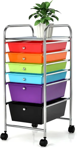 Vista 11 de Happygrill Carrito organizador de 6 cajones, carrito de almacenamiento móvil con cajones extraíbles y ruedas con cerradura, carrito de Negro