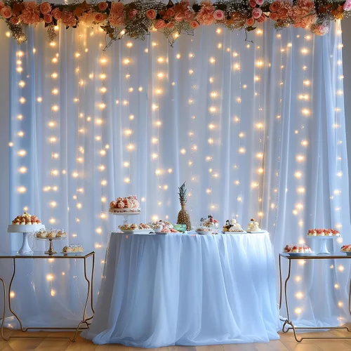 Vista 4 de Cortina de telón de fondo de tul azul bebé de 10 x 8 pies con cadena de luces para fiestas, cortinas de fondo transparentes para bodas, baby shower