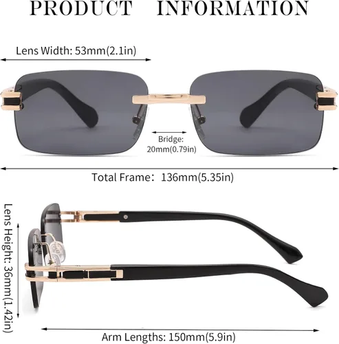 Vista 5 de Hycredi Gafas de sol rectangulares sin montura para mujeres y hombres, sin marco, pequeñas gafas cuadradas tintadas de los años 90