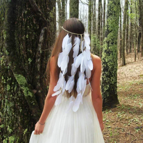 Vista 2 de Diadema de plumas blanca hippie india boho bandas para el pelo borla bohemia Halloween pelo aro mujeres damas corona diadema decoración fiesta