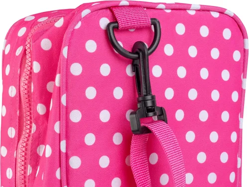 Vista 4 de Estuche de transporte para muñecas – (lunares rosados) para cualquier muñeca de 18 pulgadas – Organizador de almacenamiento de accesorios de viaje