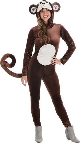 Vista 4 de Women's Brown Circus Monkey Halloween Costume Adult Jungle Animal Jumpsuit with Hood and Tail Outfit for Themed Parties