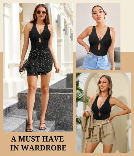 Vista 7 de CtriLady Leotardo sin mangas para mujer, espalda descubierta, cuello cuadrado, doble línea, ajustado, overol con tanga, ropa de club