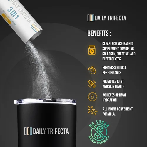 Vista 4 de Daily Trifecta 3 en 1 paquetes de colágeno tipo I, monohidrato de creatina y electrolitos Todo natural con cero azúcar Formulado en 30 paquetes