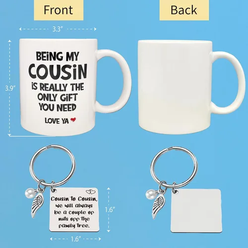 Vista 4 de Divertido regalo para primas para mujer, taza de cerámica de 11 onzas, llavero para prima, regalo de cumpleaños para prima, taza de primo favorito