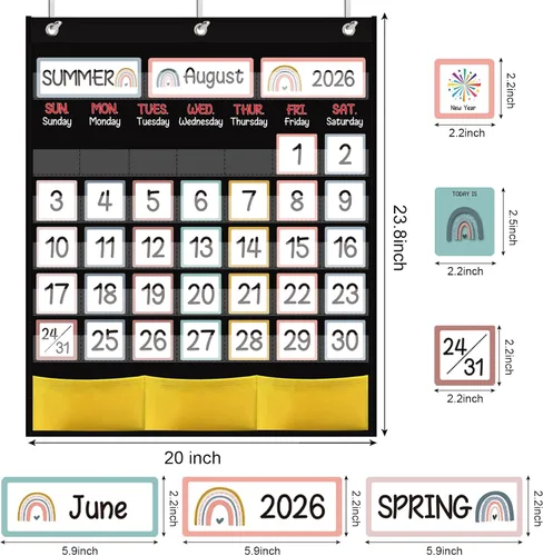 Vista 2 de Calendario de aula negro con 89 tarjetas para estudiantes y niños, calendario grande para aula, suministros para profesores en casa, escuela