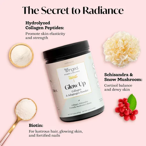 Vista 3 de Winged Wellness Glow Up, colágeno en polvo para mujeres, suplemento de belleza para cabello, piel y uñas, con péptidos de colágeno hidrolizados