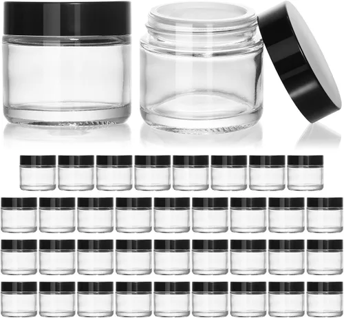 Vista 13 de KEYWING Tarros de vidrio ámbar de 1 oz con tapas negras, paquete de 36 tarros pequeños redondos de vidrio para cosméticos con forros interiores