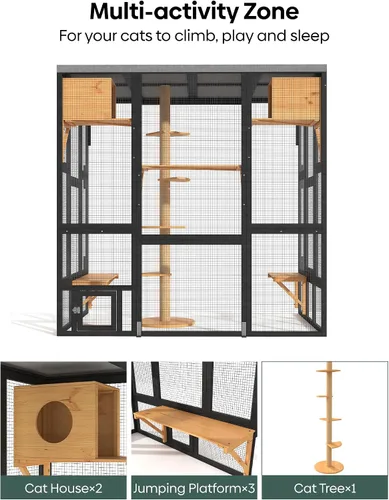 Vista 5 de Cerca exterior Katio para gatos, Katio al aire libre de entrada amplia con acceso a ventana, Katio montado en la pared para múltiples gatos con casa