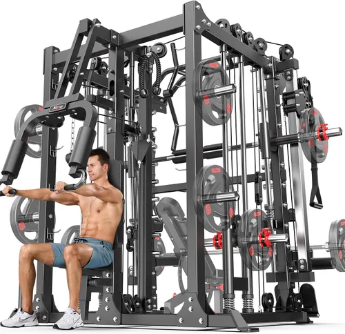 Vista 25 de XGSW Smith Machine Gimnasio en casa, jaula de potencia multifunción con sistema cruzado de cable de polea doble, estante para sentadillas