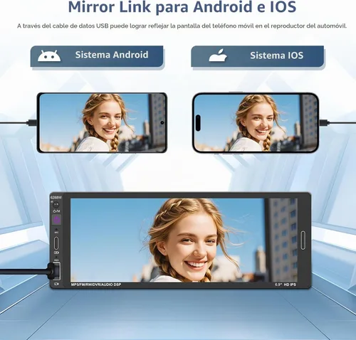 Vista 7 de Radio de coche de un solo DIN estéreo con Apple Carplay Android Auto, pantalla táctil HD de 6.9 pulgadas, receptor Bluetooth, enlace de espejo