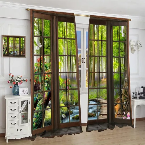 Vista 267 de Cortinas de paisaje, ventana 3D, primavera, bosque, vida silvestre, paisajes de naturaleza, dormitorio, sala de estar, cortinas térmicas opacas de 2