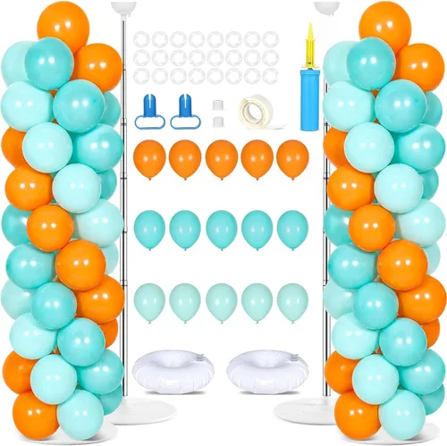 Vista 11 de Juego de 2 soportes de columna de globos plateados y blancos con 100 globos plateados con base para globos de confeti de suelo, kit de columna