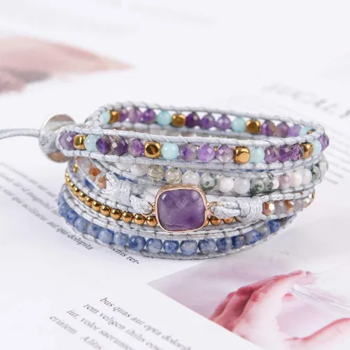 Vista 4 de YGLINE Pulsera de 5 envolturas de cera curativa con cuentas de piedra natural, Piedra