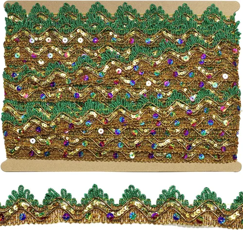 Vista 6 de Cinta larga de 14 yardas de ancho, 1.378 in/1.37 pulgadas, color oro azul con lentejuelas doradas, adorno de encaje decorado para manualidades, tela