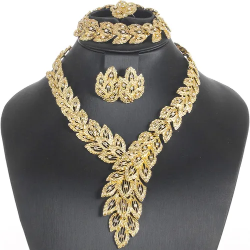 Vista 4 de MOOCHI - Juego de collar y aretes con cadena de cristal chapados en oro y plata para mujer africana india