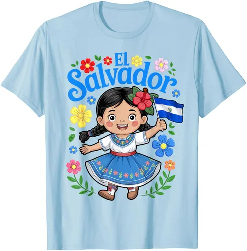 Vista 42 de Camiseta de estilo tradicional floral para niña con la bandera de El Salvador
