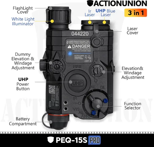 Vista 2 de Airsoft PEQ-15S Pro UHP láser azul visible + láser IR + linterna LED blanca PRO - UHP blue laser, ir laser, and flashlight, with pressure switch