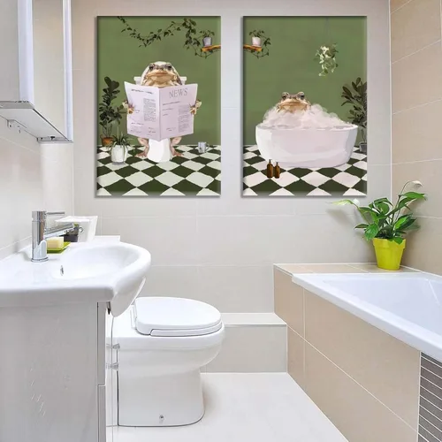 Vista 3 de 2 piezas de arte de pared de rana de baño, creatividad, estética, maximalista, verde, pósteres de imágenes de rana en la bañera, pintura en lienzo