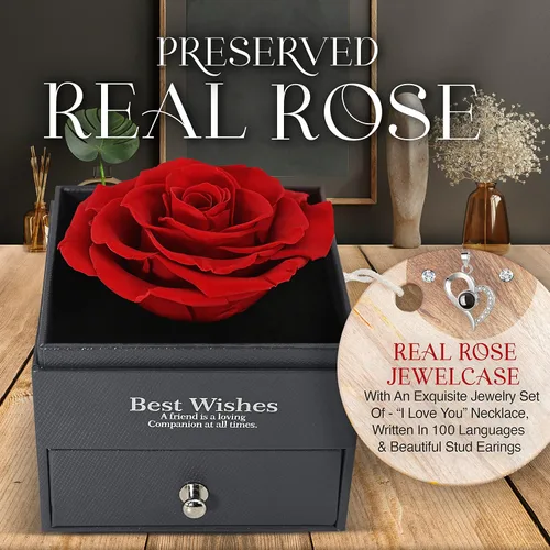 Vista 2 de GLAMOUR BOUTIQUE Preserved Rose in a Box with I Love You Necklace in 100 Languages - Enchanted Flower Jewelry Set with Silver Stud Earrings Gifts