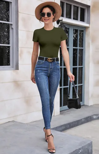 Vista 5 de SHEIUGU Camiseta de manga corta con cuello redondo para mujer, ajustada, básica, leotardo