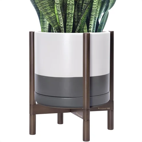 Vista 31 de D'vine Dev Maceta de cerámica con soporte de ébano – Maceta redonda moderna de 8 pulgadas con soporte para maceta de madera, color negro, 55-B-M-2