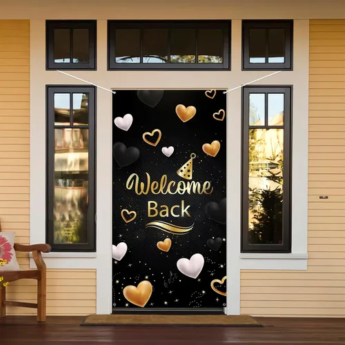 Vista 4 de Cartel de bienvenida para puerta, decoración de cubierta de puerta de fiesta de regreso a casa, fiesta de jubilación, fondo de fondo para cabina