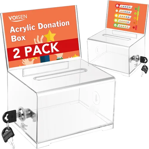 Vista 8 de VOISEN Caja de donación de acrílico con cerradura, frasco con punta negra y soporte para letrero, caja de sugerencias para recaudación de fondos