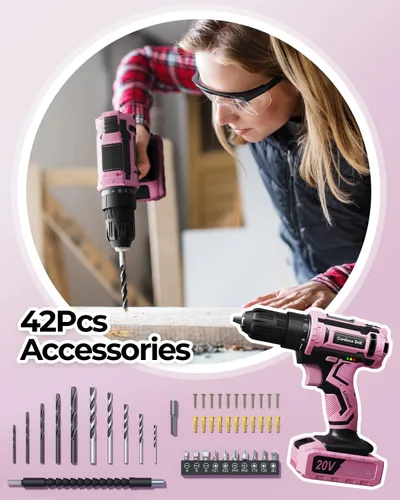Vista 3 de Juego de taladro inalámbrico rosa, taladro eléctrico de 20 V para mujer, destornillador eléctrico ligero con paquete de energía y cargador