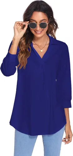 Vista 5 de Newchoice Womens Collared V Neck 34 Sleeve Shirts Business Casual Tops Loose Work Blouses (M-3XL)
