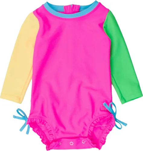 Vista 71 de RuffleButts - Traje de baño de una pieza con protección solar UPF 50+, camiseta de protección floral estampado, manga larga, con cierre zipper