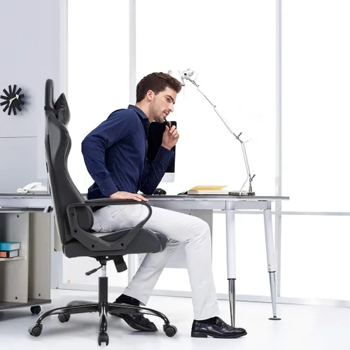 Vista 2 de Silla de oficina para videojuegos con brazos y apoyo lumbar, reposacabezas con respaldo alto, de piel sintética, silla de escritorio ergonómica