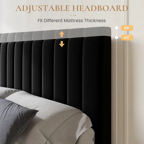 Vista 4 de SHA CERLIN Base de cama de plataforma tamaño matrimonial con 4 cajones de almacenamiento, cabecera acolchada vertical con diseño acanalado
