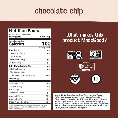 Vista 2 de MadeGood Barras de granola con chispas de chocolate, 40 unidades (0.85 onzas cada una) contienen nutrientes de verduras, aperitivos sin gluten Sin